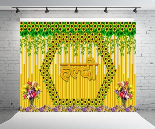 Image of DARSHANAM WORLD Wedding Decorative Cloth for Haldi & Mehndi Ceremony, Photoshoot, Haldi Background Enhancer for Mehndi Ceremony (8x5 ft, 3D Printed Backdrop with Floral & Logo Design) (Yellow)
