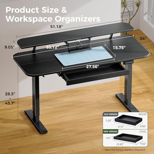 Image of COMHOMA Electric Standing Desk with Drawers, 55 x 24 Inch Sit Stand up Desk with Monitor Stand, Laptop Stand, Height Adjustable Home Office Computer Desks with Memory Preset Controller (Black)