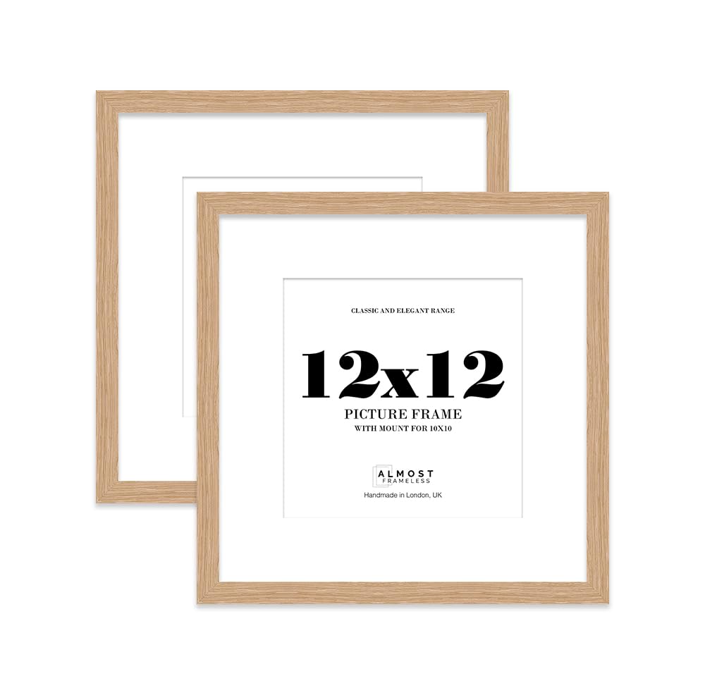 12x12 Oak Picture Frame with Mount for 10x10 Photos, Prints - Modern Square Wall Frame, Set of 2