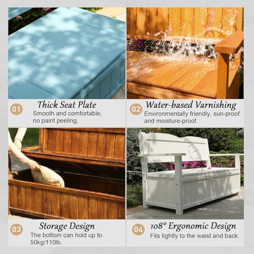 Banc de rangement extérieur, boîte de terrasse de jardin en bois avec dossier, banc de patio 2 places pour outils de jardin et jouets de piscine, capacité de poids de 250 kg