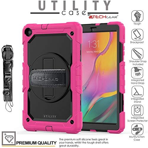 TECHGEAR UTILITY Case fits New Samsung Galaxy Tab A 10.1" 2019 (SM-T510 / SM-T515) Tough Rugged HEAVY DUTY Armour Shockproof Case with 360 Rotating Stand, Hand Strap and Shoulder Strap Case - Pink