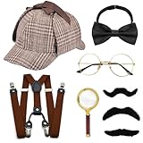 8 Pcs Detective Costume Accessory Set, 1920s Detective Costume with Detective Hat Y-Back Suspenders Bow Tie Magnifying Glass Glasses Mustache, Detective Dress Up for Cosplay Party Halloween Carnival