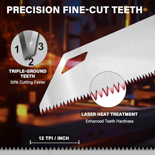 HAUTMEC 350MM X-Sharp Pro Hand Saw for Cuts Comfort, Quality and Accuracy, Fine-Cut Handsaw with 12 TPI Triple-Ground Teeth and 1mm Thickened Large Blade, Bi-Material Ergonomic Handle – HT0295 - Image 3