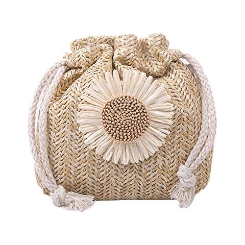 PINKJANE Sunflower Straw Shoulder Bag Women Drawstring Bucket Pouch Beach Holiday Woven Small Knit Crossbody Messenger Handbag Purse, Light Brown, 5.9x5.12x1.96in Cover