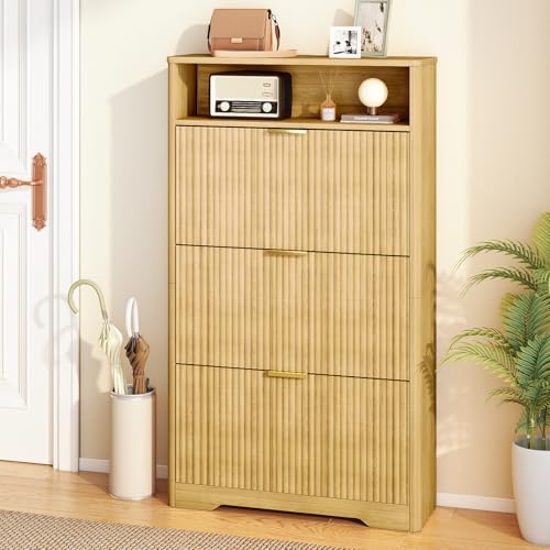Image of Rovibek Shoe Storage Cabinet, Shoe Organizer for Entryway with 3 Flip Drawers, Mid-Century Wood Fluted Shoe Cabinet, Hidden Shoe Storage for Entryway with Rounded Corner Design,Natural