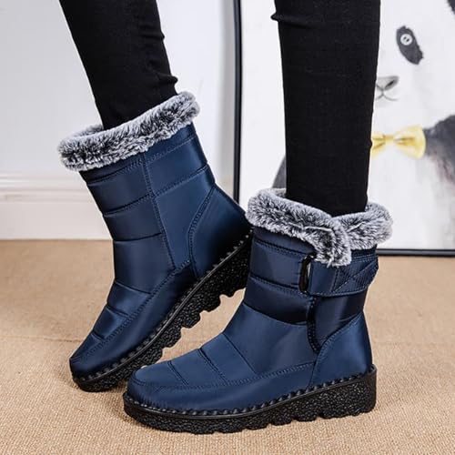 Bottes de neige femme imperméable hiver chaudes à enfiler en cuir bleu 41