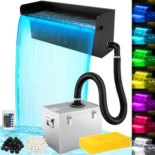 VCRAZE All-in-1 Pond Waterfall Kit with LED Light 18-inch Stainless Steel Spillway with 800GPH Pump Filter Box 3-Stage Filtration Outdoor Waterfall for Water Feature Garden Backyard Pool