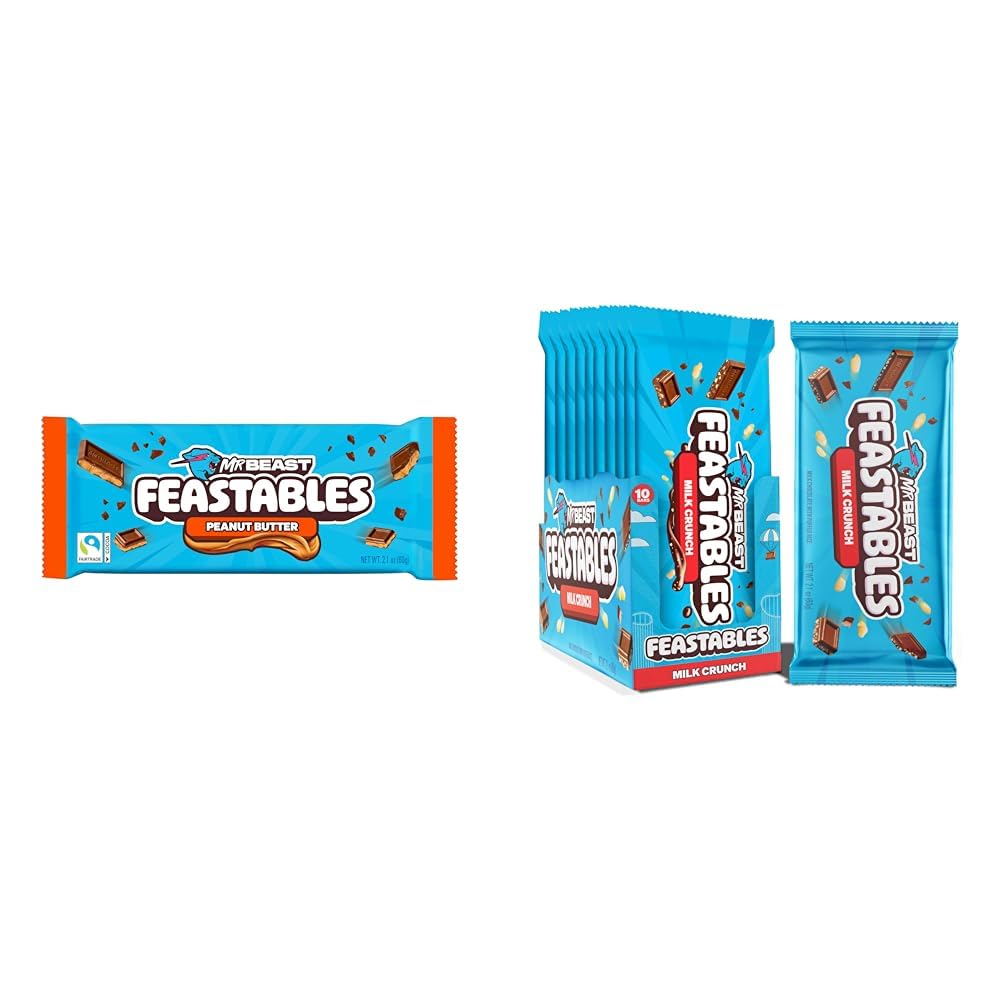 MrBeast Feastables Milk Crunch & Peanut Butter Bars Bundle, King Size, 20 Count, Crispy & Peanut Butter Chocolate Candy, 2.1oz Each