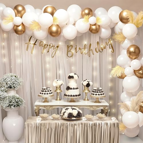 Party Propz Happy Birthday Decoration Kit for Girls - 69 Pcs White & Gold Bday Backdrop for Decoration, White Net Curtain, Gold Happy Birthday Banner