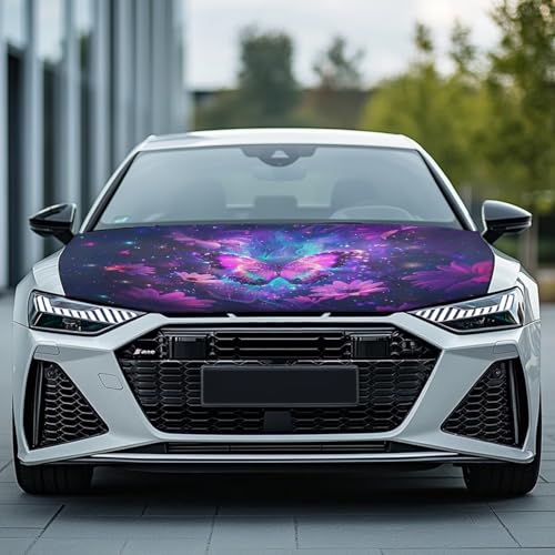 Image of Purple Butterfly Prints Car Hood Cover Stretch Polyester Protector for Car Hood Removable Automotive Accessories for Most Automotive Sedans Trucks Pickup SUVs