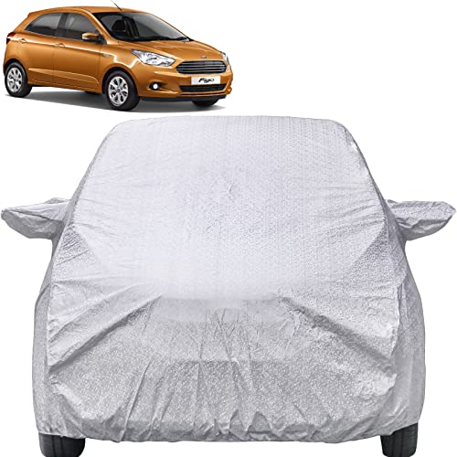 Image of Autofact Waterproof Car Body Cover Compatible with Ford Figo (2015 to 2022), with Mirror Pockets, Shinning Silver Design, Non Woven Fabric Triple Stiched, Ford Figo Car Accessories