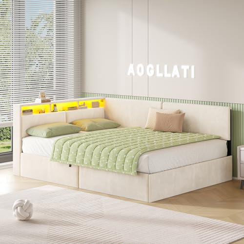 AOGLLATI Polsterbett Schlafsofa 140x200 mit USB-Steckdosen & hydraulischem Stauraum, Betten 140x200 mit LED-Kopfteil & Lattenrost, Kinderbett Tagesbett, Doppelbett, Beige Samt (ohne Matratze)