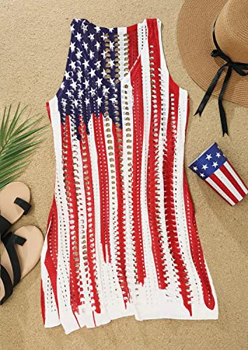 GOWONE Women Hollow Out Slit Crochet Cover Up Sleeveless 4th of July Patriotic Swimwear Beach Dresses2