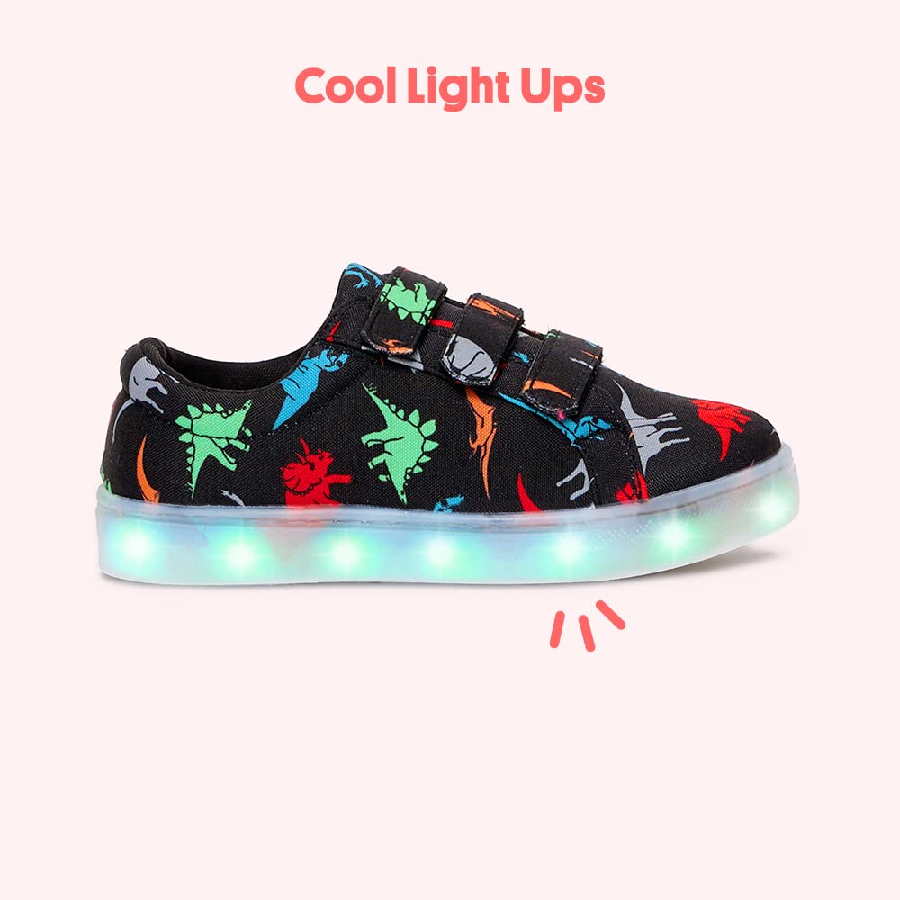 FabKids Light Up Shoes Boys Dinosaur Print Sneakers Black Fashion Lace Up Tennie Shoes for Toddler Size T8