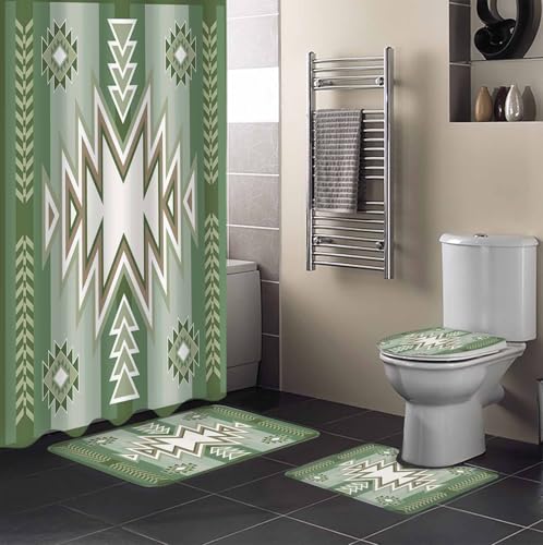Sage Green Boho Bathroom Set with Shower Curtain and Rug Accessories - 36x72 Inches Long American Native Southwest Abstract Art Stall Curtain Waterproof with Large Bath Mat,Washable Runner Rug Set