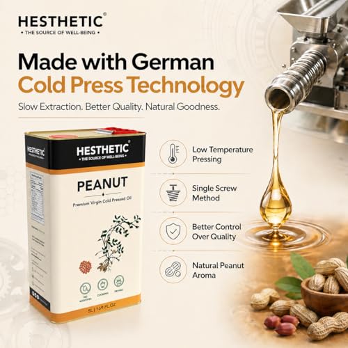 Image of HESTHETIC Cold Pressed Peanut (Groundnut) Oil 5L Family Pack | Pure Moongfali Ka Tel | Unrefined High-Smoke-Point Cooking Oil, Rich in MUFA | Ideal for Indian Kitchen