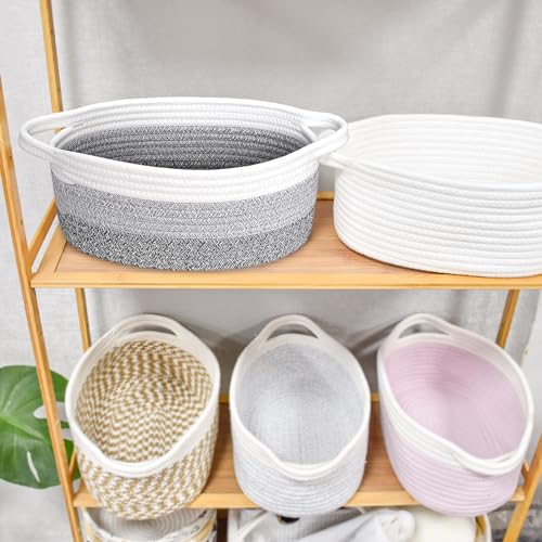Image of ABenkle Small Basket with Handles, Boho Decorative Rope Woven Dog Cat Toy Storage Bin Shelf Storage Organizer, Easter Christmas Gift Basket, 12 inchx8 inchx5 inch