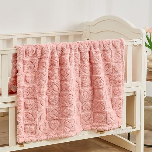 Image of Yurhap Heart Baby Blanket, Love Plush Fleece Baby Blankets for Girls Boys | Soft Sherpa Baby Girl Blanket for Infant Toddler Newborn Gifts, Fluffy Baby Essentials, For Crib Stroller, 30 inchx40 inch, Dark Pink