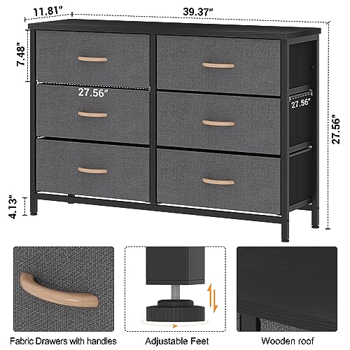 KU Syang Chest of Drawers, Fabric Chest of Drawers Bedroom with 6 Drawers and Large Storage, Dresser with Wooden Top and Metal Frame, Organiser Unit for Bedroom/Living Room, Dark Grey