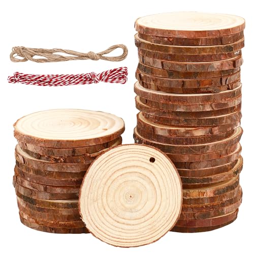 40 Pezzi Dischi Legno Grezzo 7-8cm，Dischetti Legno con fori，Fette di legno naturale con 2 fili di cotone，Legno Da Decorare non finiti，Perfetto per fai da te,artigianato,matrimoni,decorazioni natalizie