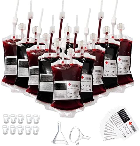JANSONG Blood Bags for Drinks Set of 10 Drink with 2 Funnels Labels and Clips Reusable Halloween Juice Drink Pouches Nurse Hospital Theme Party Props Zombie Christmas Masquerade Vampire Graduation Party Props