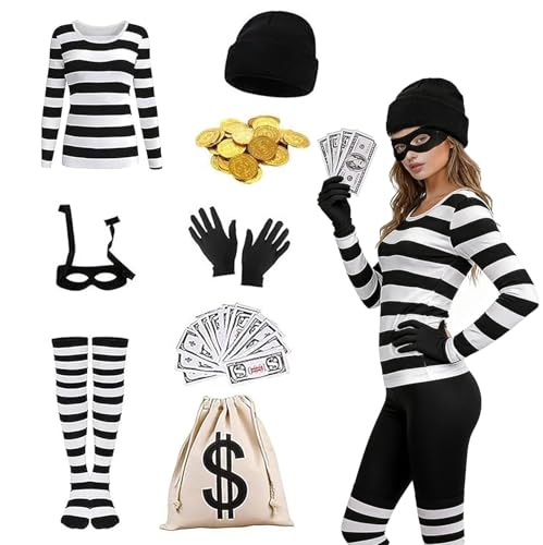 Disfarce de ladrão mulher, disfarce de ladrão adulto, com t-shirt chapéu luvas meia máscara de olho bolsa de dinheiro bilhete de banco, moedas de ouro, acessórios disfarce ladrão, disfarce de carnaval