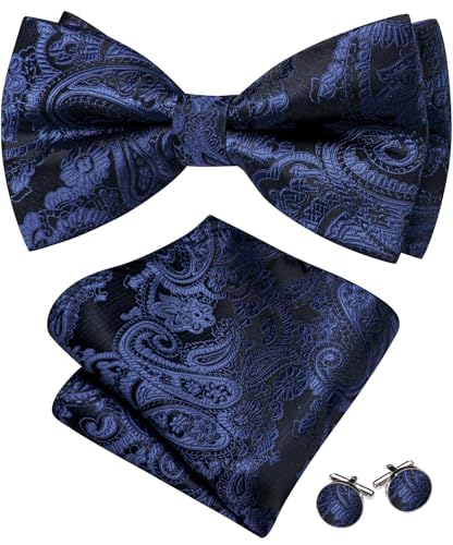 Image of Barry.Wang Paisley Striped Bow Tie for Men Silk Pre-Tied Bowtie Pocket Square Cufflinks Set Formal Wedding Party Prom