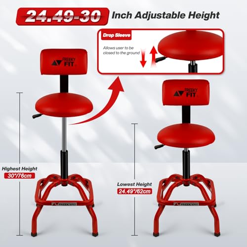 Image of Shop Stool with Backrest, Mechanic Garage Stool for Workshop, Adjustable Shop Stools Chair, Padded Workbench Stools for Men Women, 300 LBS Capacity, 360 Swivel PVC Seat, Heavy Duty, Red