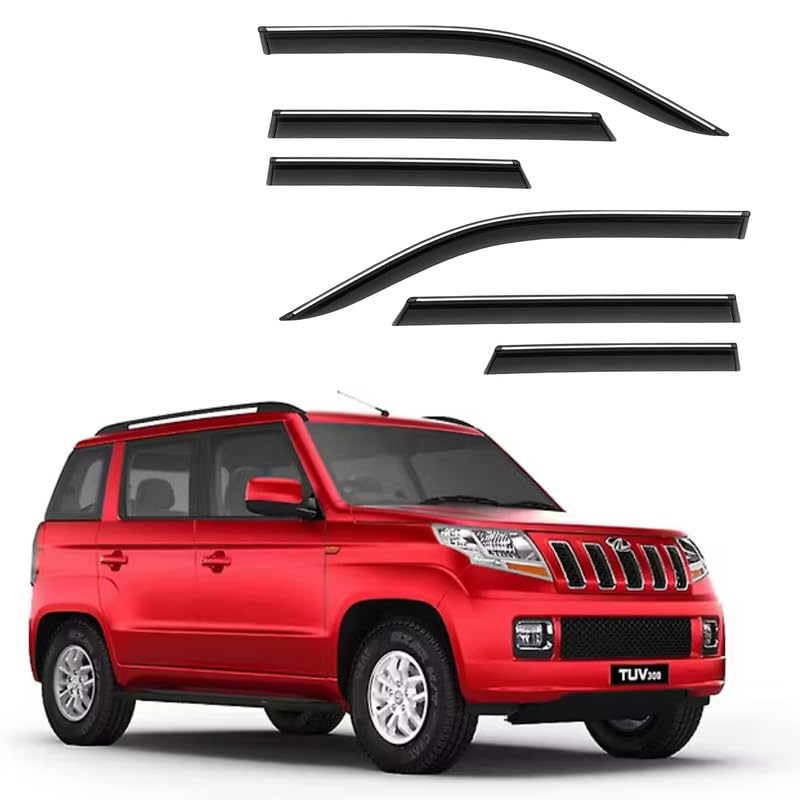 Image of CAR SAAZ Side Door Visors for TUV 300 (2015-2019)(Set of 6Pcs) | Chrome Lined Rain Guards, Polycarbonate, Smoke Finish