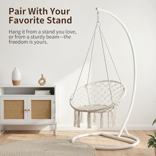 Image of Garpans Hammock Chair Macrame Swing Bohemian Style Hammock Swing Chair with Tassels Hanging Swing Chair Handmade Knitted Cotton Rope for Indoor Outdoor Bedroom Patio Max 330 Lbs White