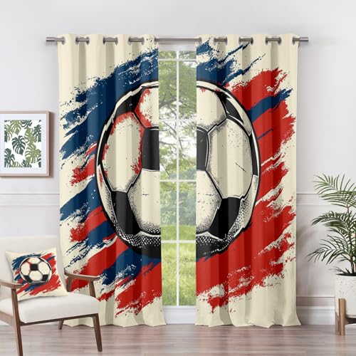 Rideau Occultant Football - Rideau Thermique Motif Ballon de Football Sports Garçons, Rideaux Chambre Salon Fenetre, Lot de 2 Rideaux et Draperies Intérieurs...