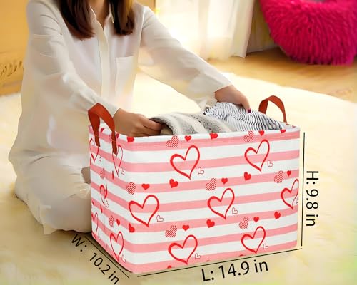 Image of Large Valentine's Day Basket Heart Shaped Storage Bin for Gifts Collapsible Organizer Room Decor (Pink Horizontal Bar Love)