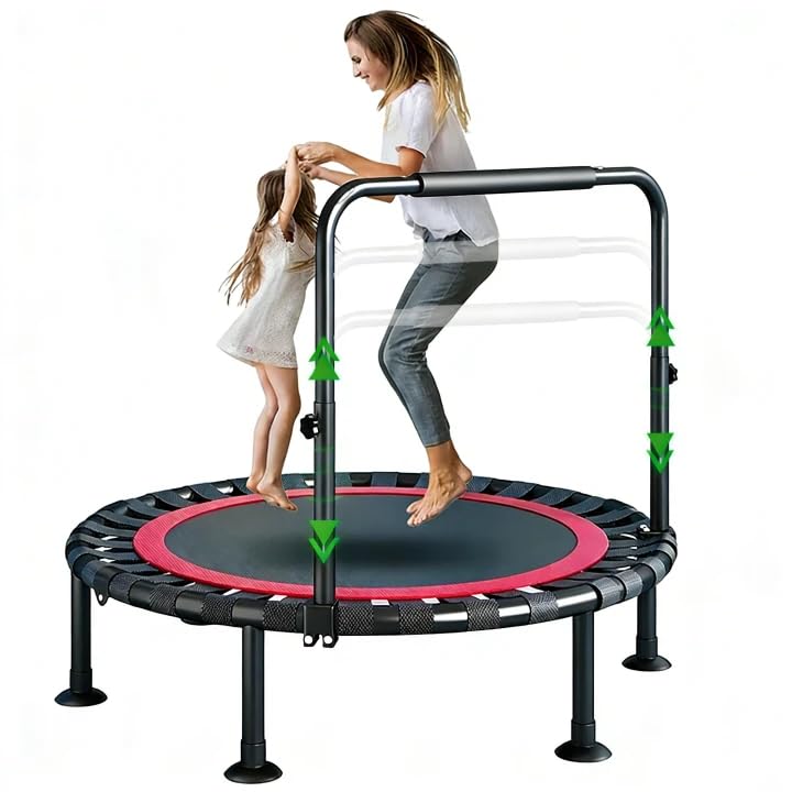 Alldriey Bounce Trampoline for Adults Kids 40 Inch Rebounder with Adjustable Handrail Home Gym Indoor Outdoor Quiet Fitness Trainer Balance Support Foldable Portable Compact Workout Equipment