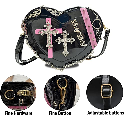 Goth Purse Kawaii Gothic Bag Y2K Heart Shaped Bag Punk Cross Decor Bag Studded Crossbody Bag4