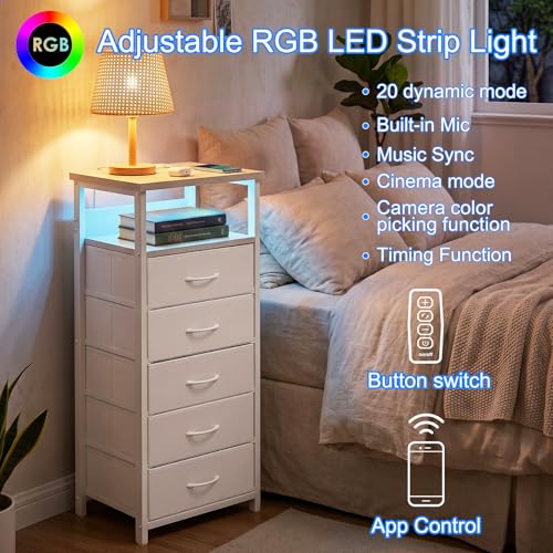 Image of Fixwal Tall Nightstand with Charging Station and LED Lights, Night Stand with PU Finish Fabric Storage Drawers, 5 Drawer Dresser, White