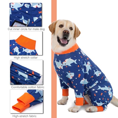 Yeapeeto Einteiler für Hunde, zur Erholung, für große und mittelgroße Hunde, Schlafanzug, Ganzkörper für Haarausfall, Allergien, Anti-Lecken, Wundschutz, Kegel-Alternative(4XL, Blau-Hai)