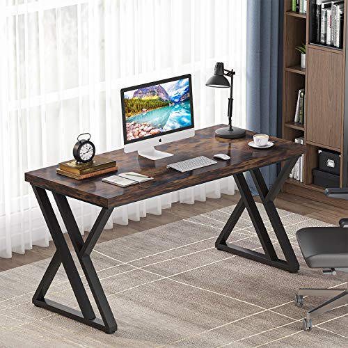 metal frame desk - Tribesigns Writing Computer Desk, 55 inch Heavy Duty Study Desk with Z-Shaped Metal Leg, Modern Simple Home Office Computer Desk, Rustic Brown