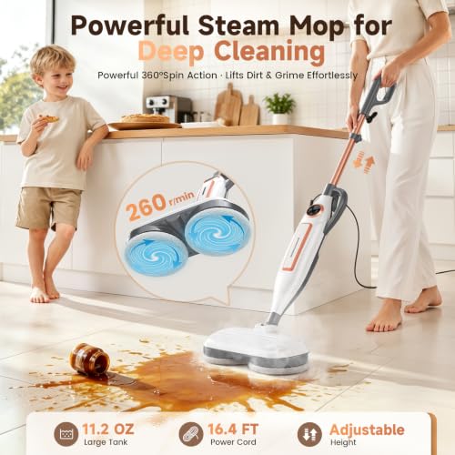 Image of DEVOAC VM6 Scrubbing Steam Mop with Rotating Mop Pads, 10 in 1 Steam Mop, Lightweight Spin Mop & 3 Steam Modes for Hard Floor Laminate Marble Floors (Whitegold)