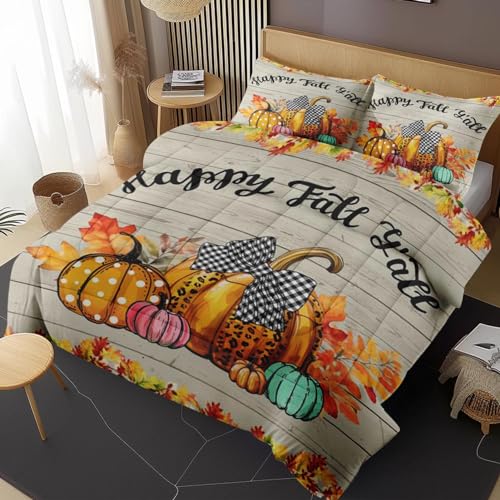 Nesphy Fall Autumn Pumpkin Queen Comforter Set, Leaves Wooden Bedding Set 3 Piece, All Season Soft Toddlers Children Adults Bedroom Bed Decoration Comforter and 2 Pillow Shams