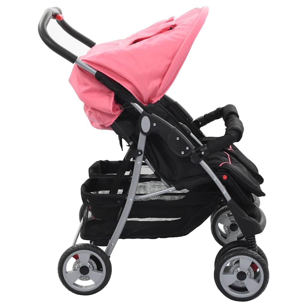 Cochecito gemelar para 2 niños, color rosa y negro, marco de acero, plegable, 6-36 meses