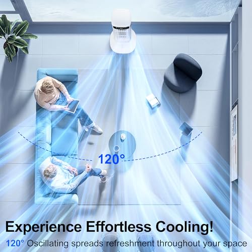 Image of Uthfy 41 inch Portable Air Conditioners, 120 Oscillating Cooling Fans that Blow Cold Air with 24H Timer, 4 Modes & 3 Speeds, Dual Water Tank, 4 Ice Packs, Remote, 2.4 Gal, 3 In 1 Swamp Cooler for Bedroom