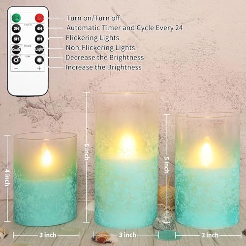 Image of Blue Flameless Candles with Remote Aqua Glass Handmade Sandblast Battery Operated Candles Flickering Decorative LED Pillar Candles for Home Bathroom Coastal Theme Wedding Decorations