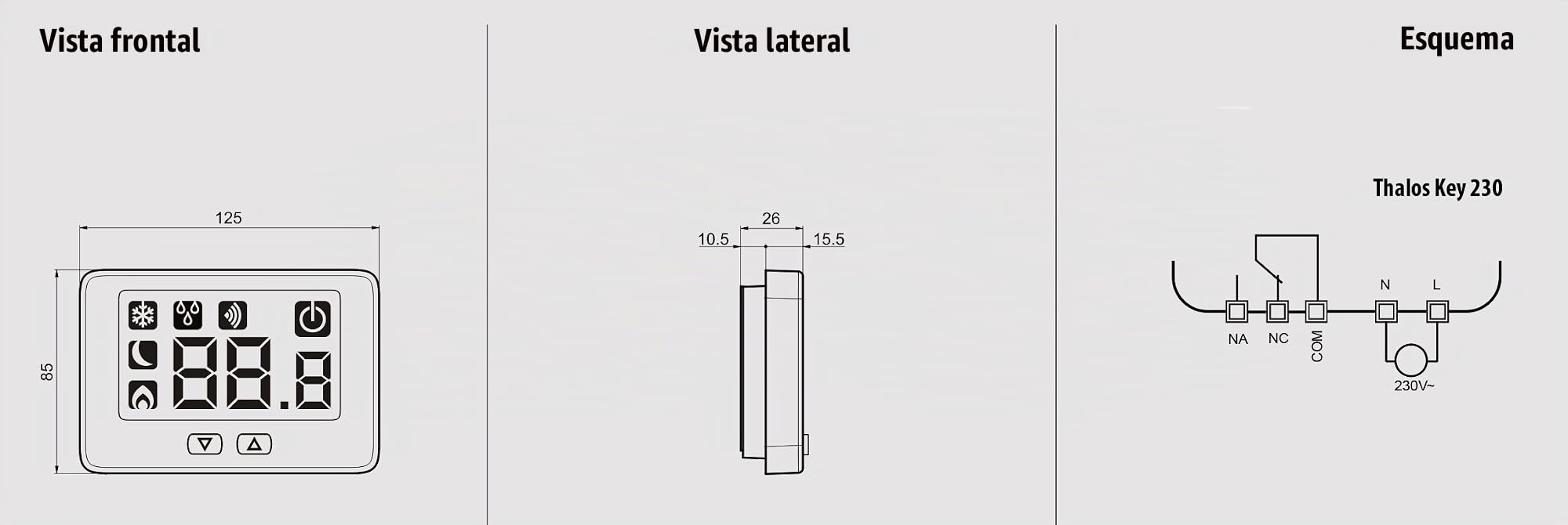 VEMER VE720900 THALOS Key - Termostato de Ambiente de Pared para Calefacción y Aire Acondicionado, Pantalla LCD, Teclado de 2 Teclas, Alimentación 230V, Blanco