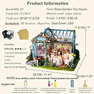 Spilay Dollhouse Miniature with Furniture,DIY Dollhouse Kit Plus Dust Cover & Music Box,1:24 Scale Creative Room for Girl Birthday Gift for Lover and Friends(Rose Garden Tea House)