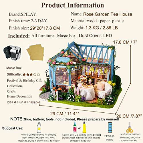 Spilay Dollhouse Miniature with Furniture,DIY Dollhouse Kit Plus Dust Cover & Music Box,1:24 Scale Creative Room for Girl Birthday Gift for Lover and Friends(Rose Garden Tea House)