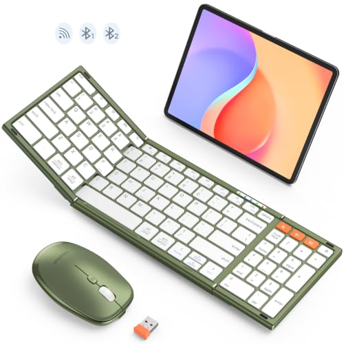 Image of MEETION Foldable Bluetooth Keyboard and Mouse, Portable Combo Green | Slim foldable keyboard and mouse set with a soft travel pouch, rechargeable and multi-device connection for work on the go