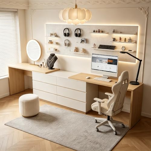 2 Person Dresser Desk Combo 102-144", Double Desk with 6 Drawers,Wood