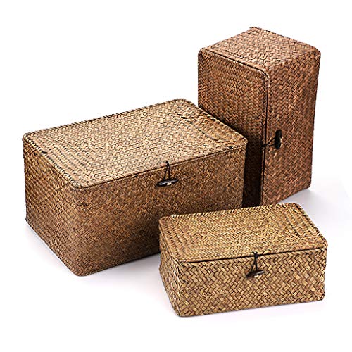 Hipiwe Set Of 3 Natural Seagrass Storage Baskets With Lid - Large Handwoven Wicker Storage Bins Rectangular Household Organizer Boxes Shelf Wardrobe Organizer, Coffee #TOP3