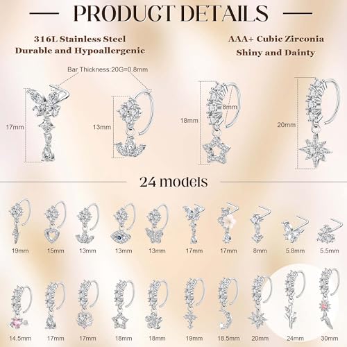 20Pcs 20G 316L Stainless Steel Dangle Nose Ring for Women Men L Shaped Dangling Nose Stud Cute Heart Moon Star Nose Hoop Set CZ Flower Leaf Butterfly Dangle Nose Piercing Jewelry3
