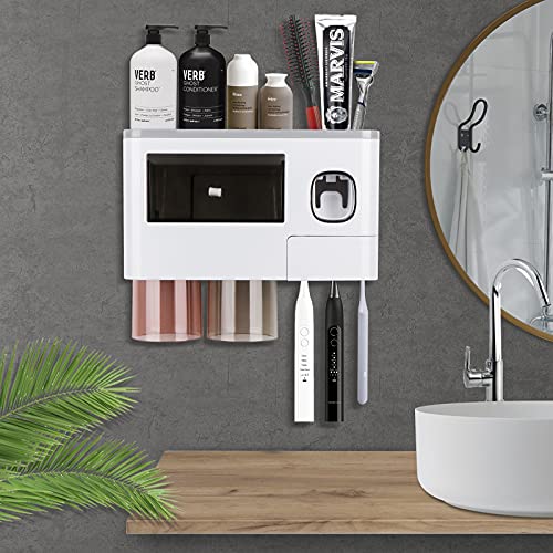 AerWo Zahnbürstenhalter Elektrische Zahnbürste, Automatisch Wand Montiert Zahnpastaspender mit 2 Tassen und Zahnbürstenschlitz, Zahnbürstenhalterung für Kinder und Erwachsene Cover